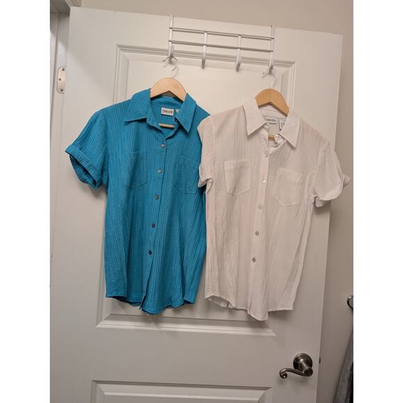 Lot of 2 Chico's Crinckle Short Sleeve Button Shirt Optic White Blue Minimalist - Picture 2 of 10